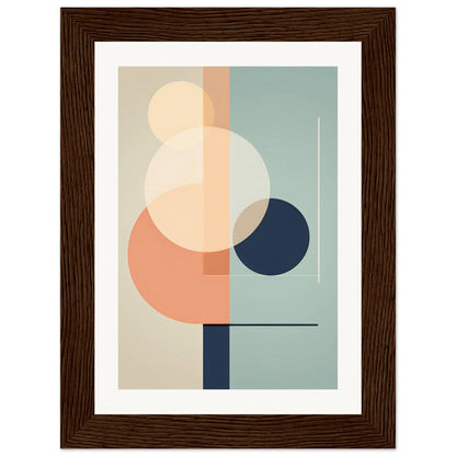 Abstract geometric artwork featuring overlapping circles and rectangles in muted pastel colors framed in dark wood.