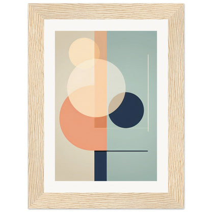 Abstract geometric artwork featuring overlapping circles and rectangles in muted pastel colors framed in light wood.