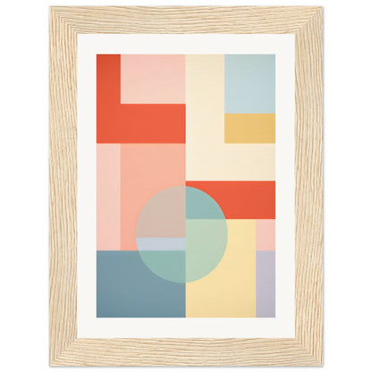 Abstract geometric artwork featuring colorful rectangular shapes and a circular element in pastel and bold hues.