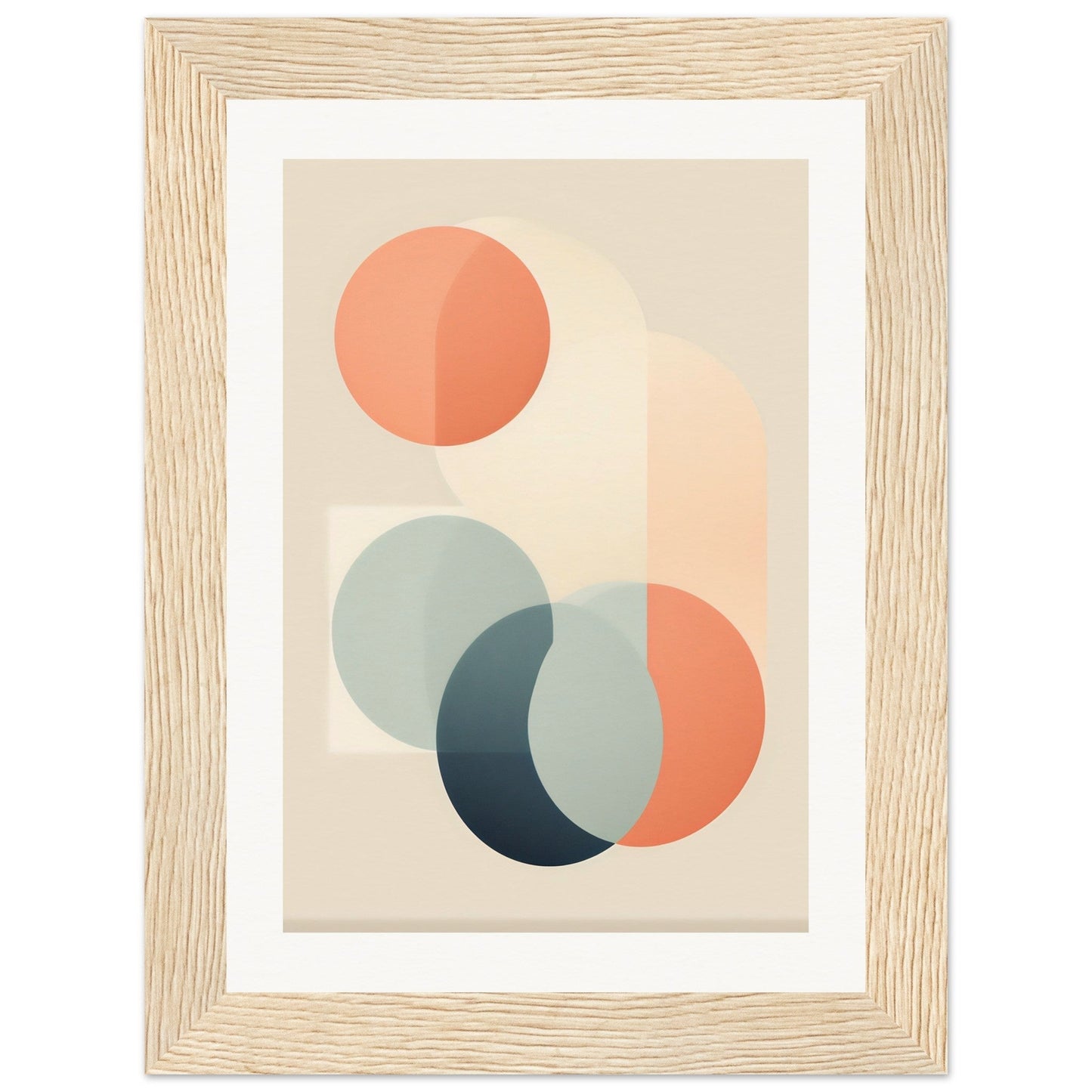 Framed abstract artwork featuring overlapping geometric shapes in muted colors.