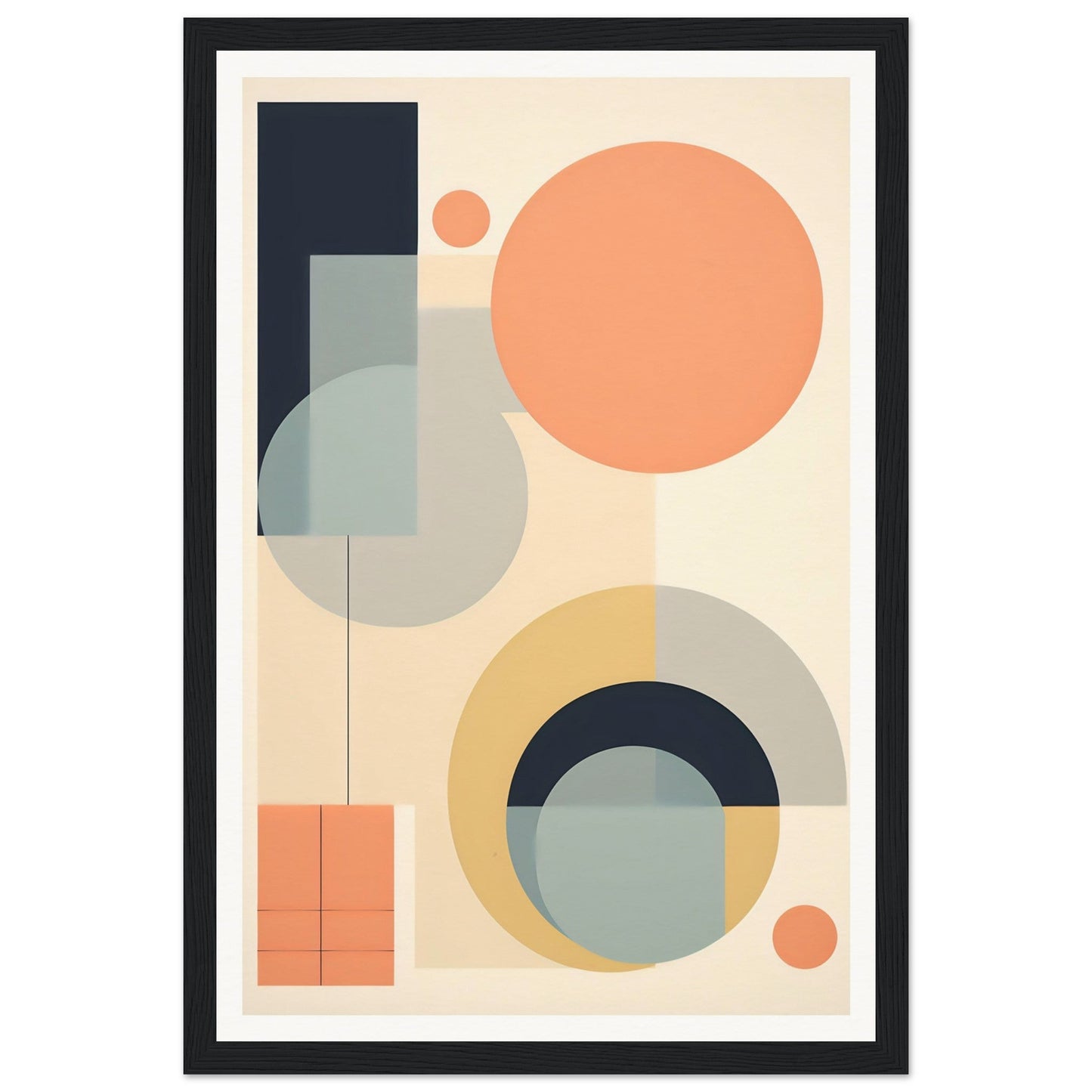 Abstract geometric artwork featuring circles, semicircles, and rectangles in muted pastel colors.