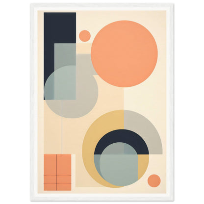 Abstract geometric artwork featuring circles, semicircles, and rectangles in muted pastel colors.