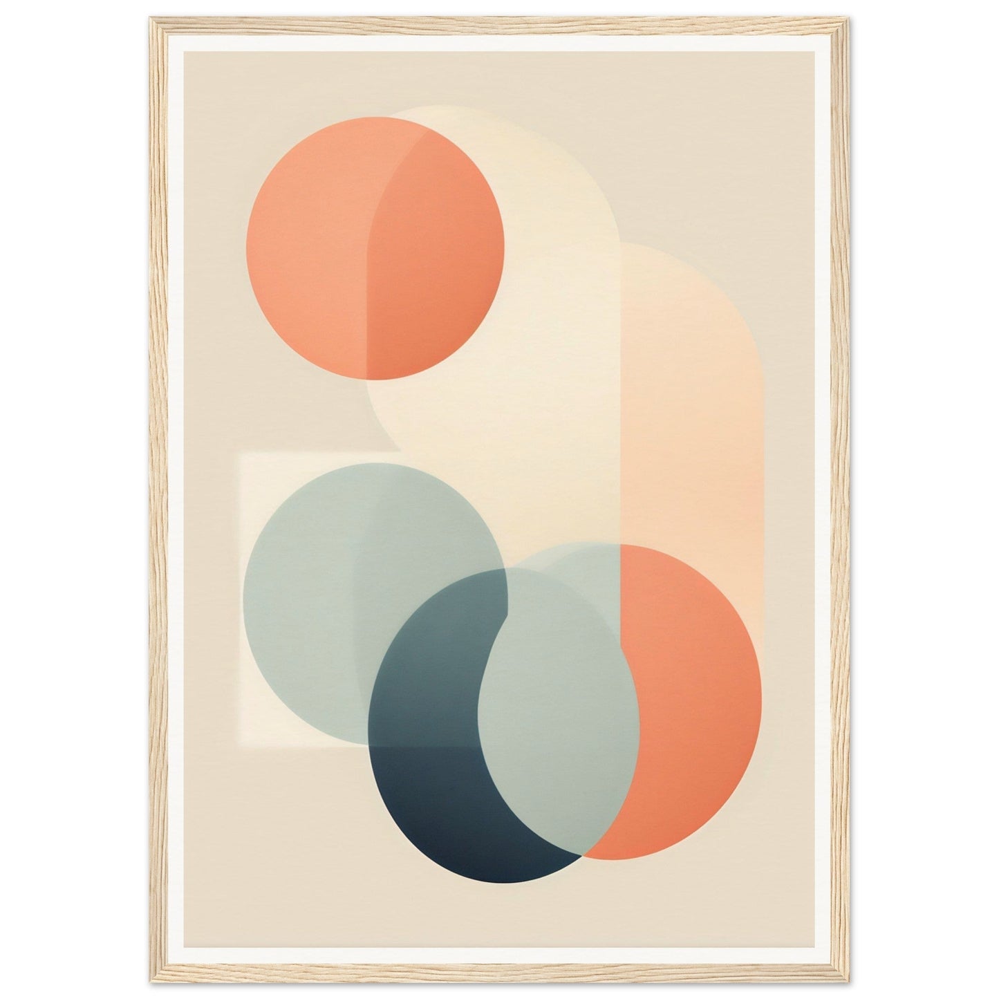 Abstract geometric artwork featuring overlapping circular shapes in muted orange and blue tones.