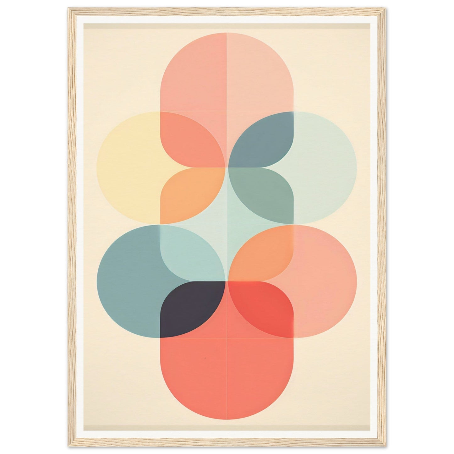 Abstract geometric artwork featuring overlapping circular shapes in pastel colors.