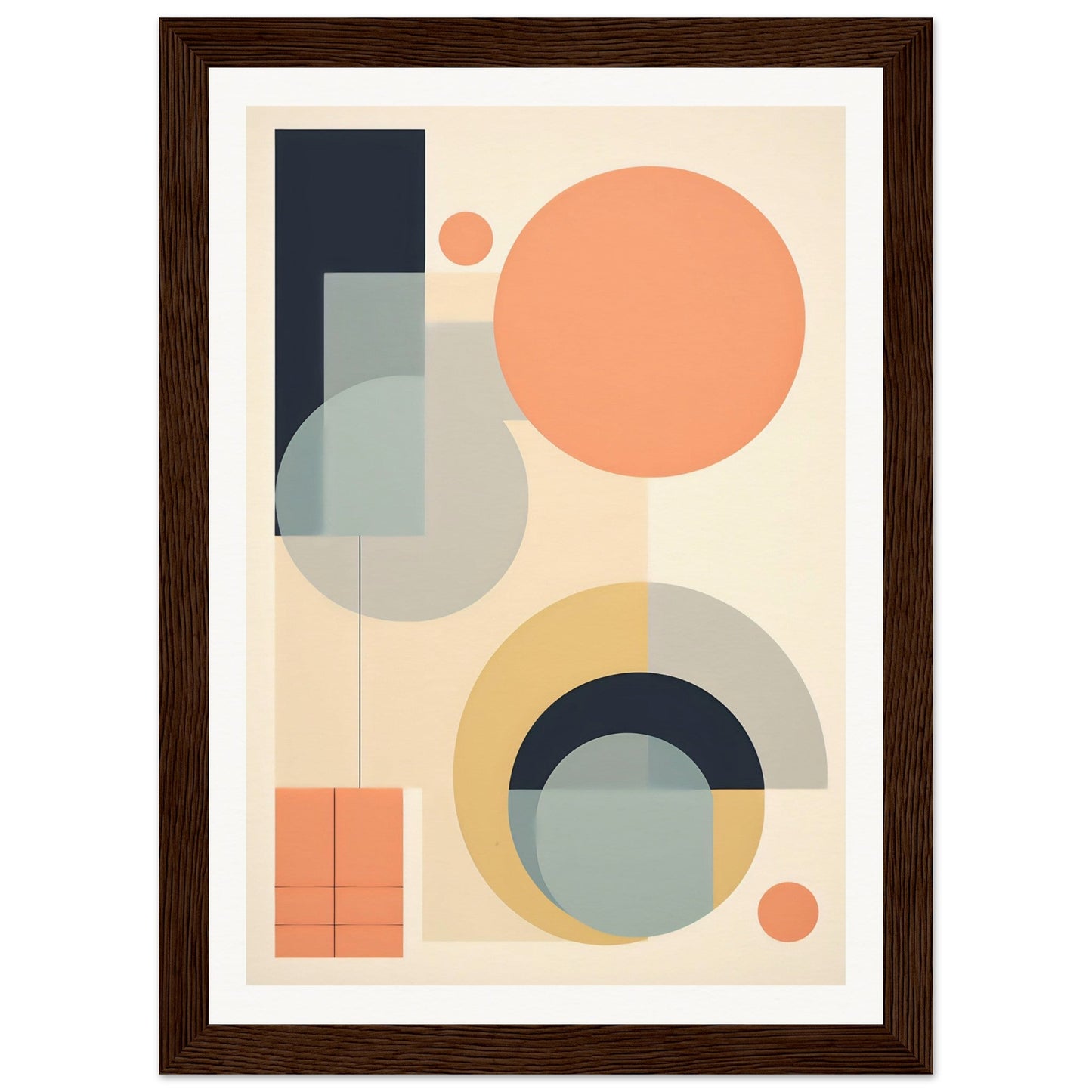 Abstract geometric artwork featuring circles, semicircles, and rectangles in muted pastel colors.