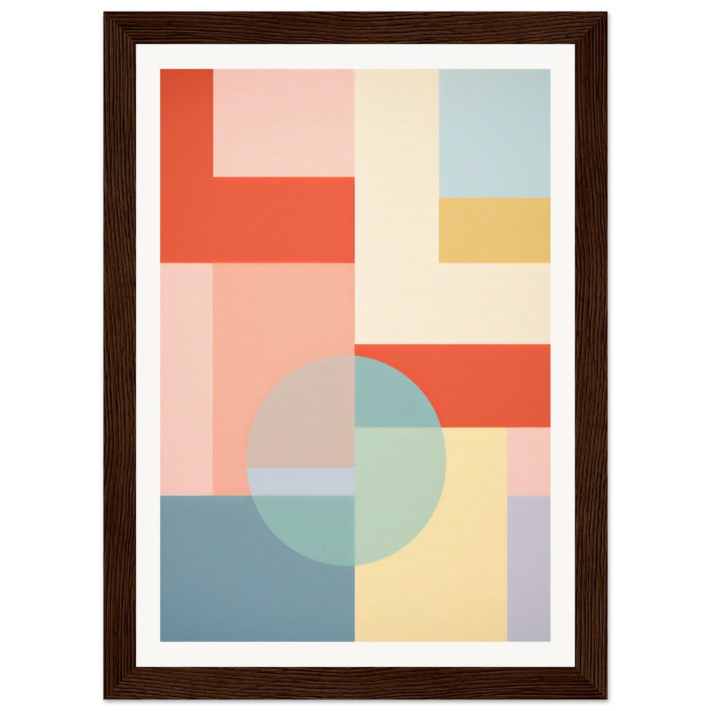 Abstract geometric artwork featuring pastel-colored shapes and blocks in a minimalist composition.