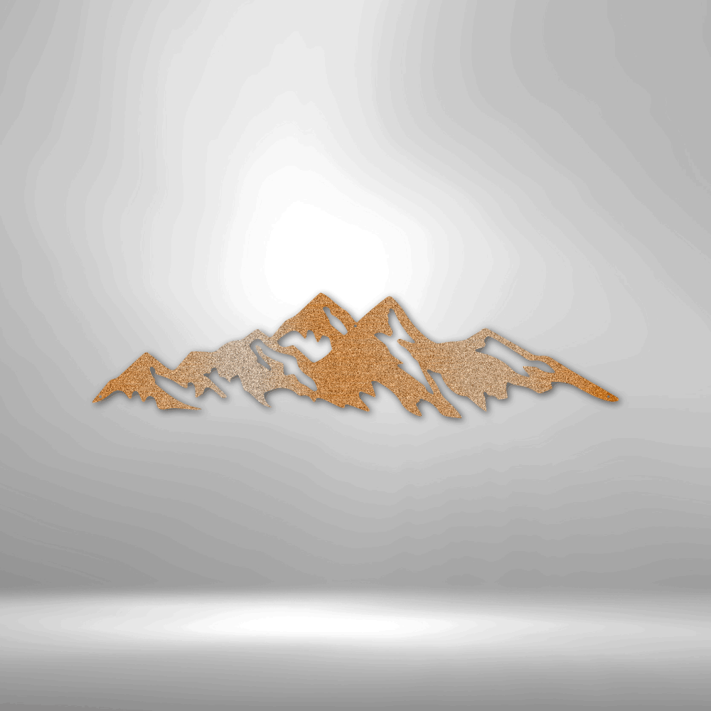 Stylized mountain range silhouette in orange and tan tones.