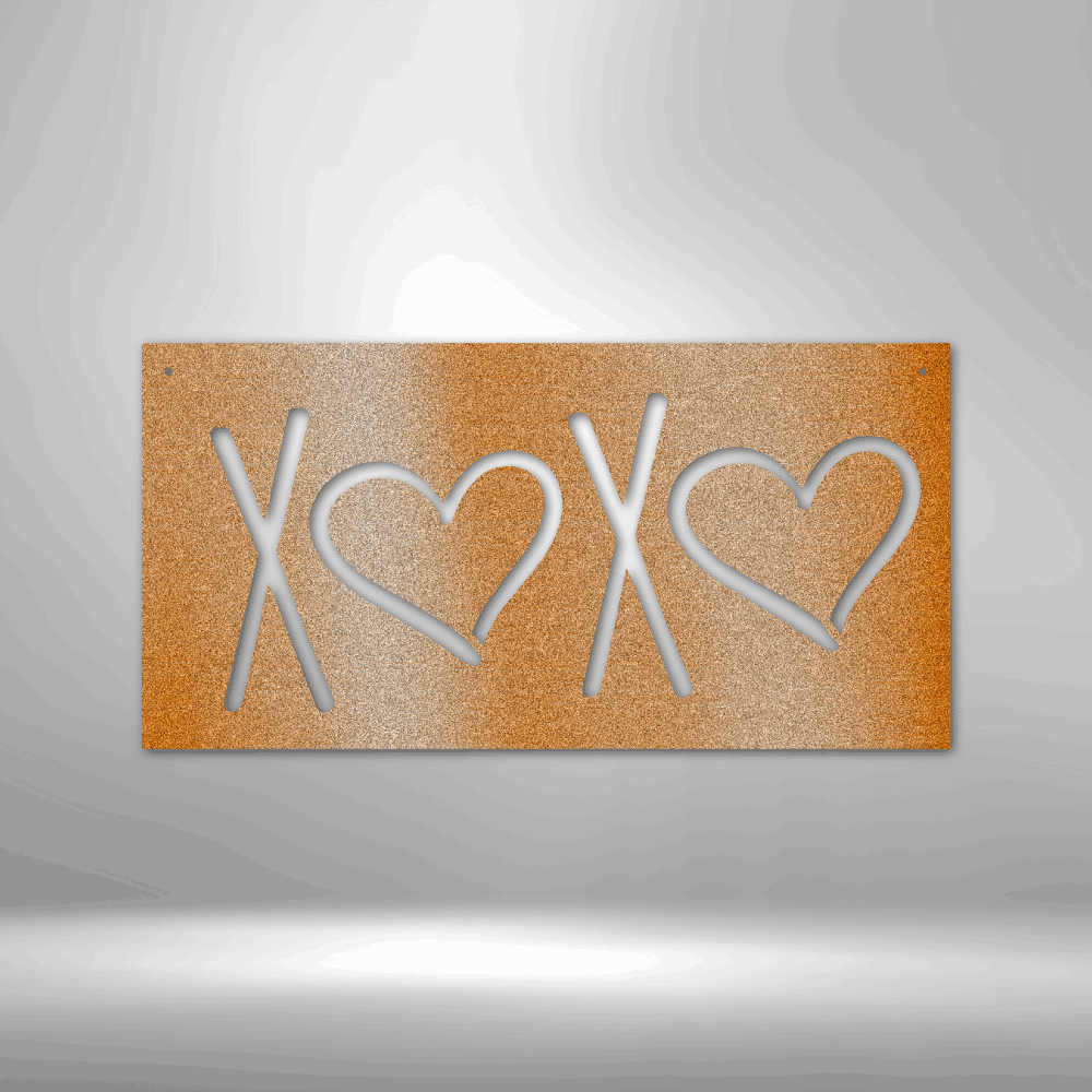 Orange rectangular sign with ’XOXO’ written using stylized letters and heart symbols.