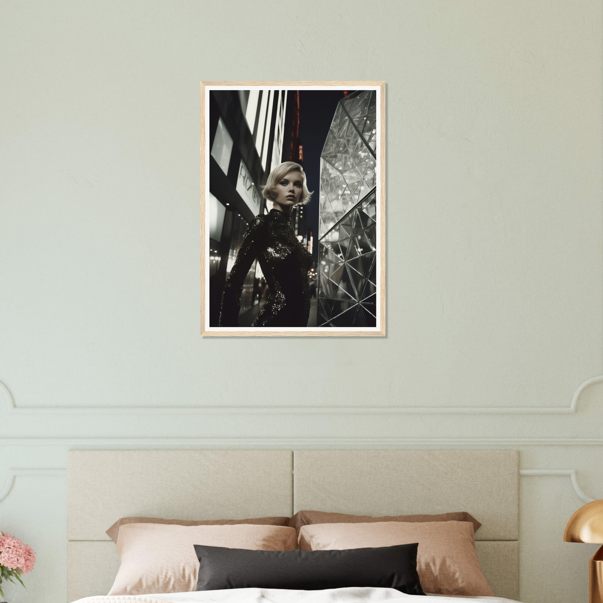 Framed black and white photograph of a person looking through a broken window.