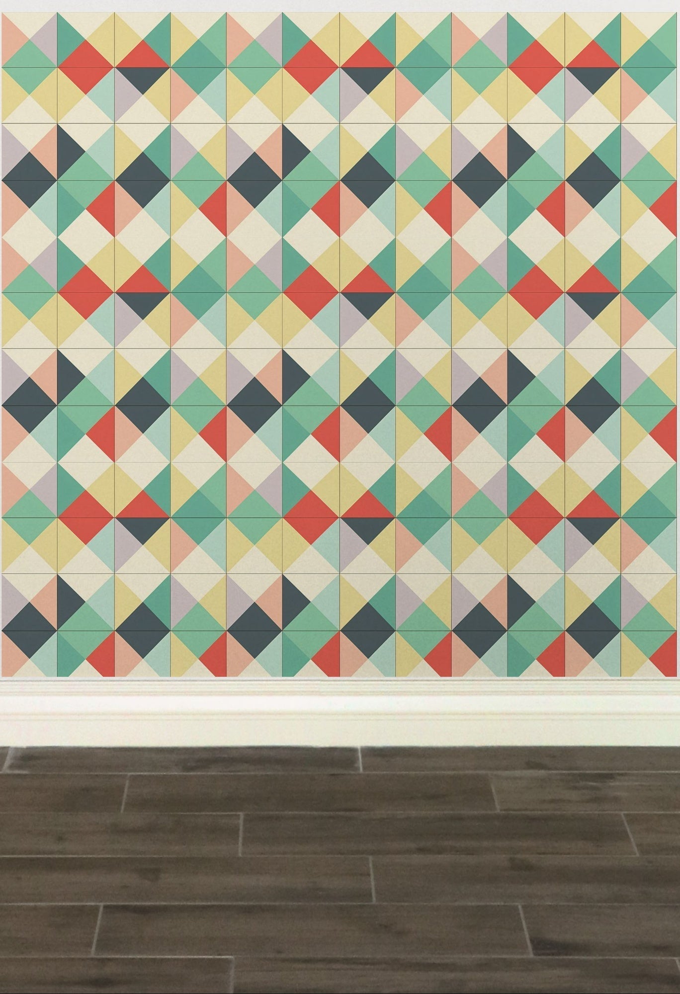 Geometric patterned wallpaper featuring triangles in various pastel and muted colors.