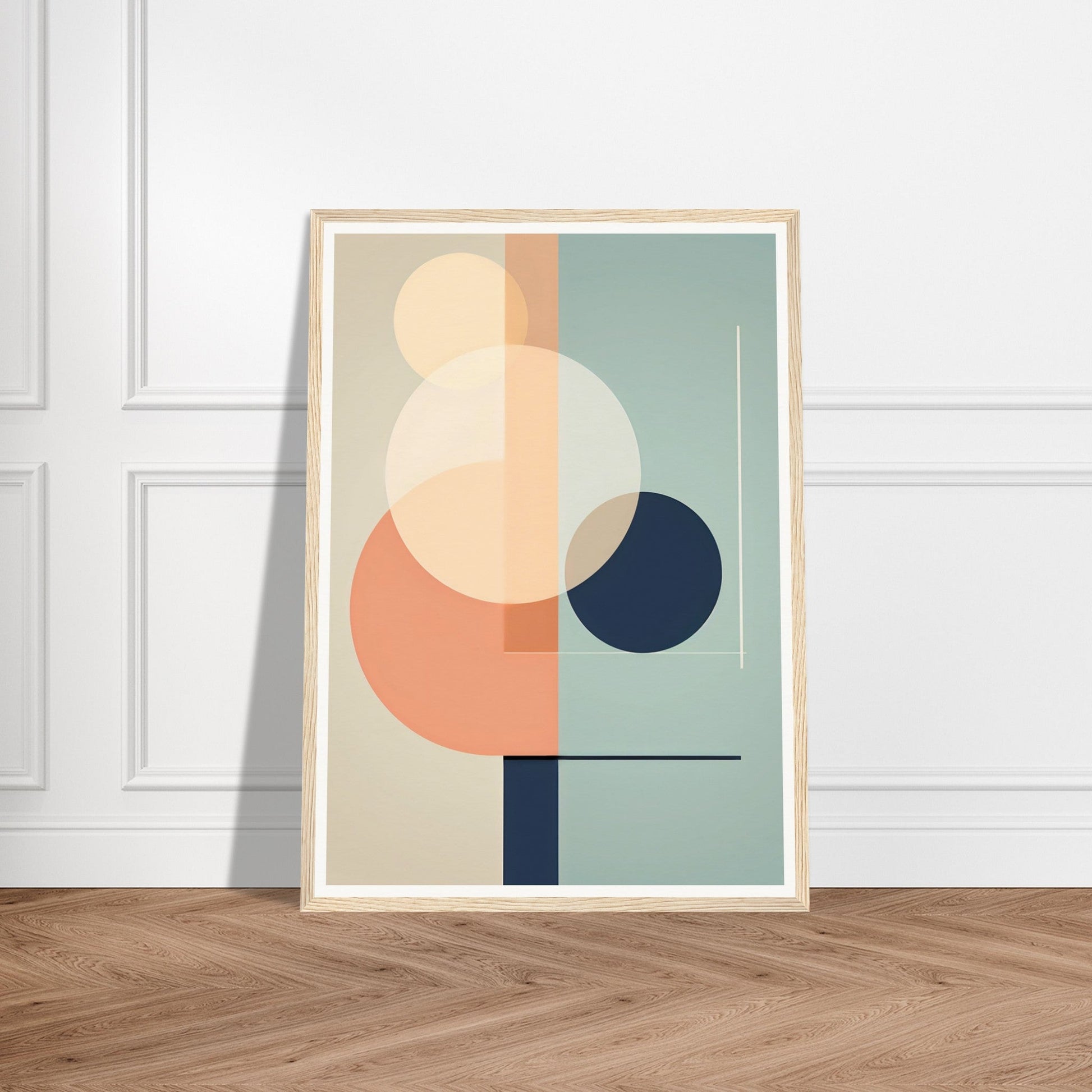 Abstract geometric art print featuring overlapping circles and a line in muted pastel colors.