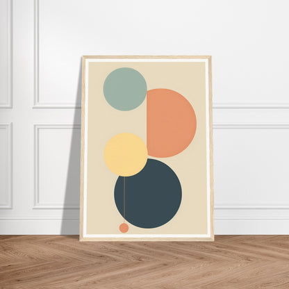 Framed abstract art print featuring geometric circles in muted colors.