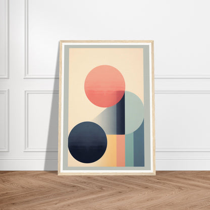 Framed abstract geometric art print featuring circles and shapes in muted colors.