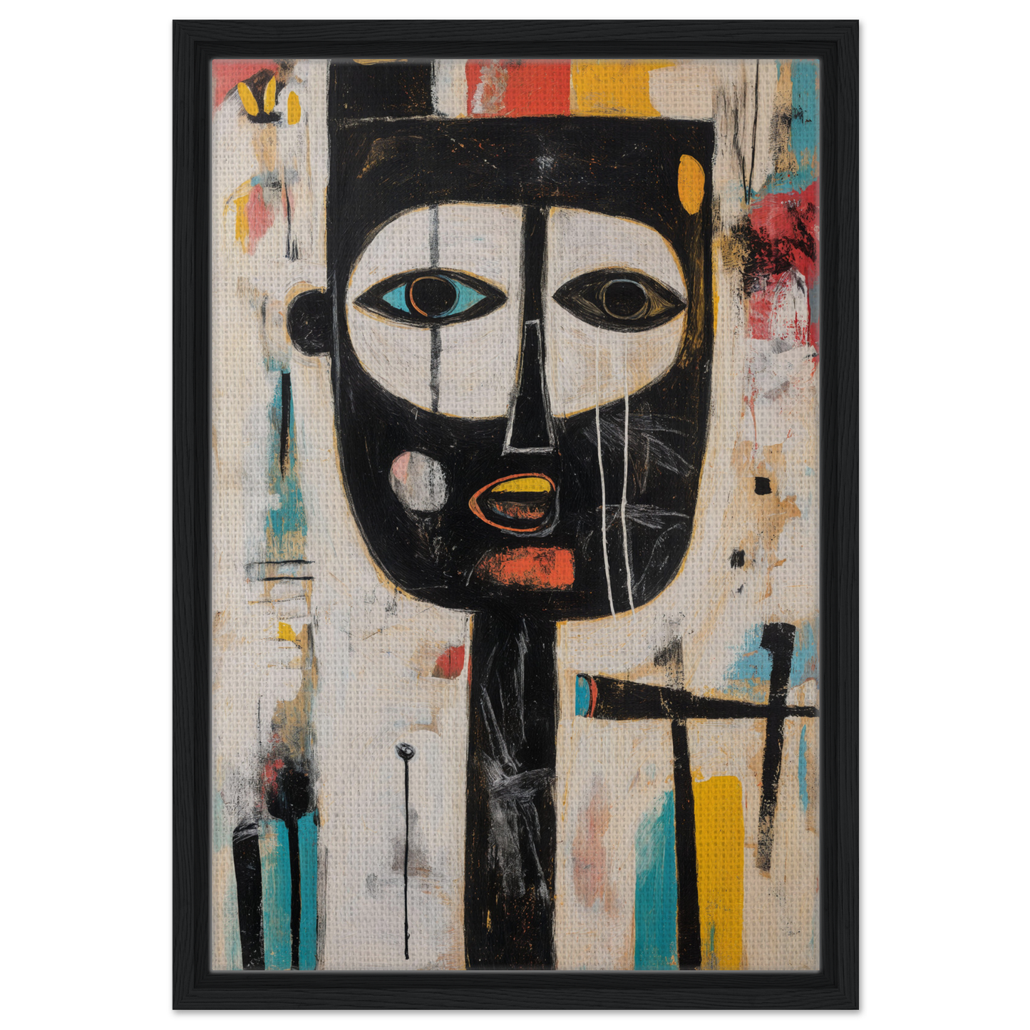 Abstract portrait of a stylized face in vibrant colors from Brushstrokes Serenade framed canvas