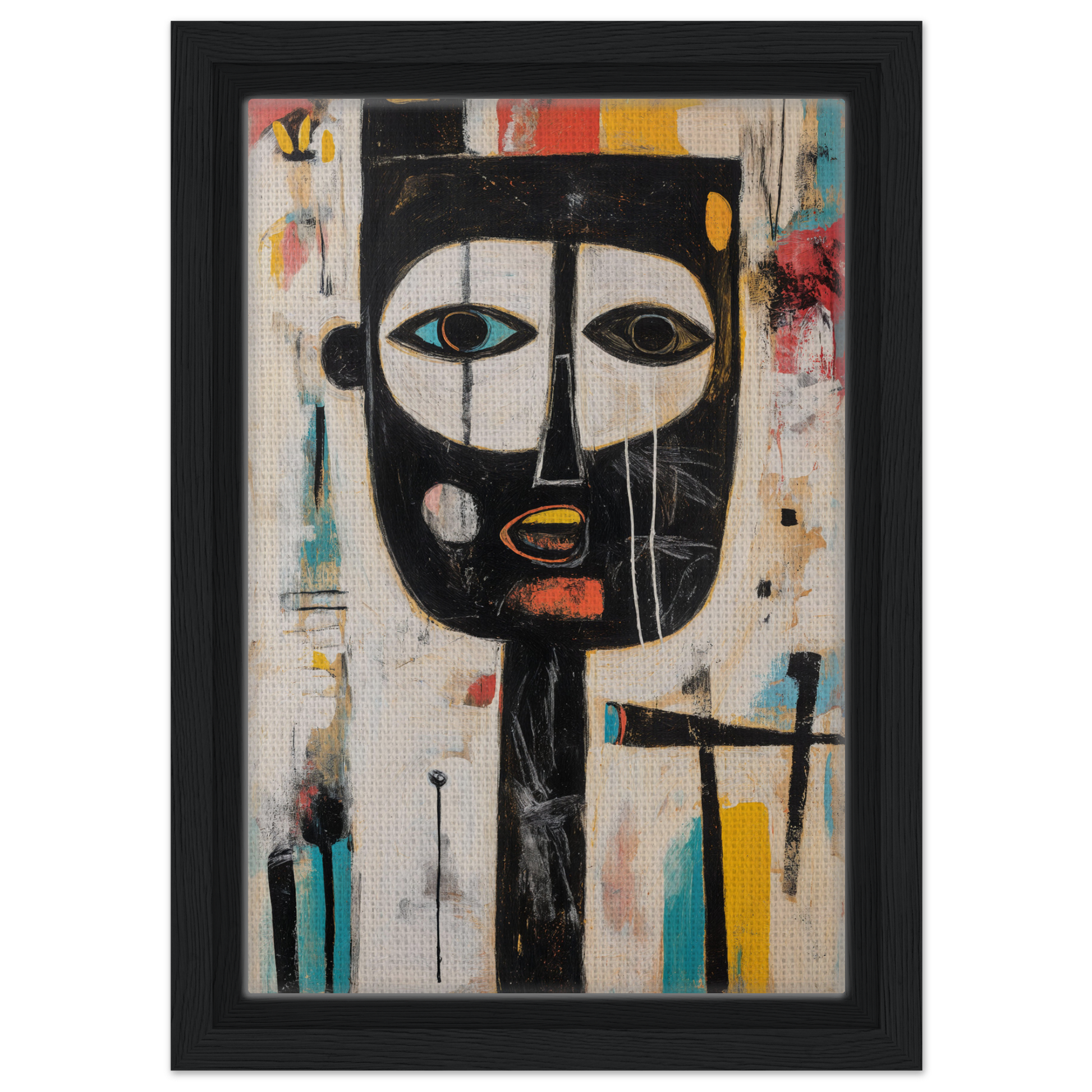 Abstract stylized face with bold outlines and vibrant shapes in Brushstrokes Serenade canvas decor