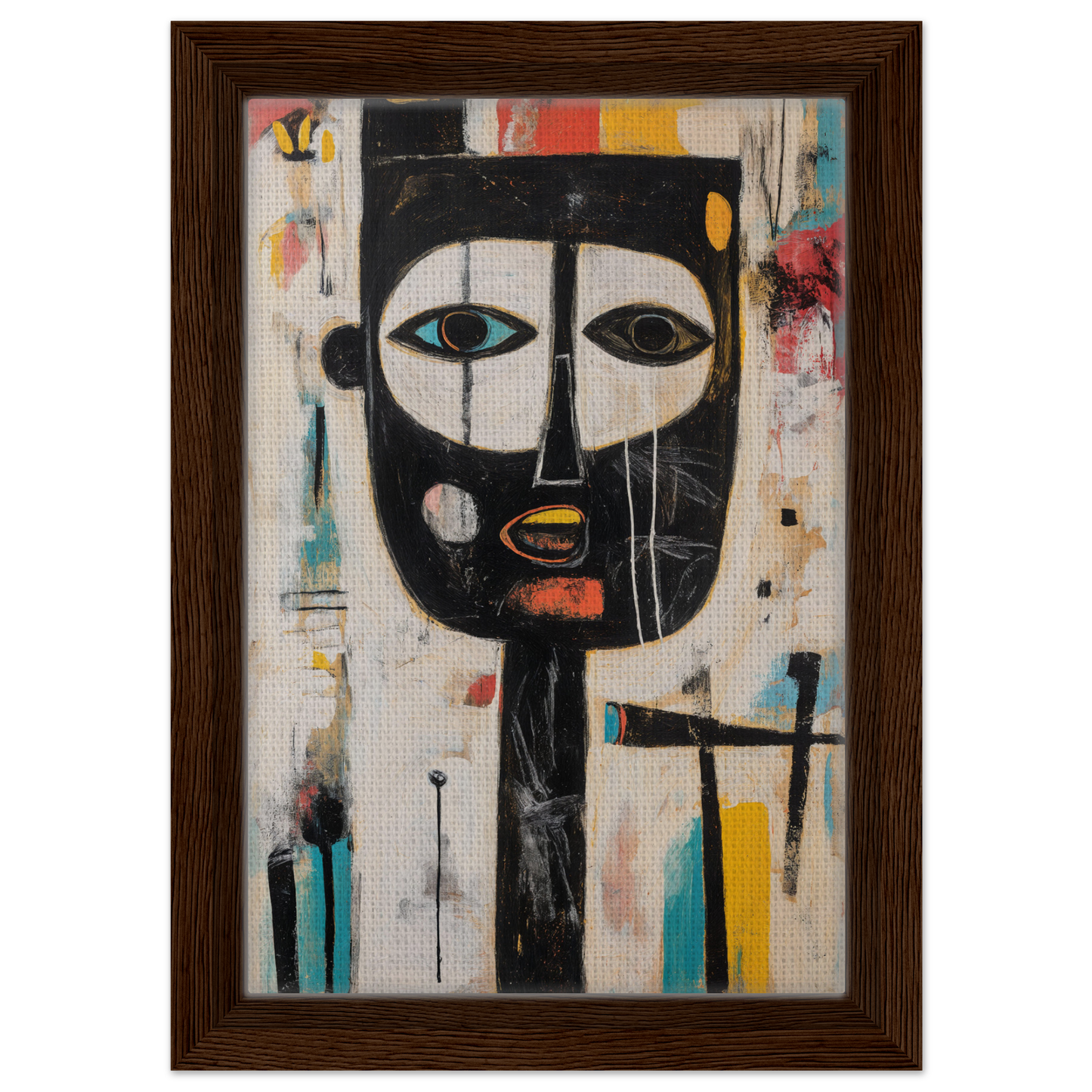 Abstract painting of a stylized face in bold colors, ideal for Brushstrokes Serenade room decor