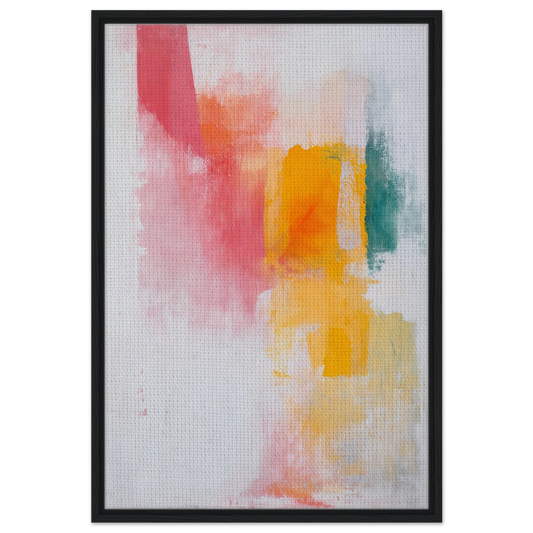 Abstract painting of soft brushstrokes in pink, yellow, and teal, Brushstrokes Serenade Zen framed canvas print