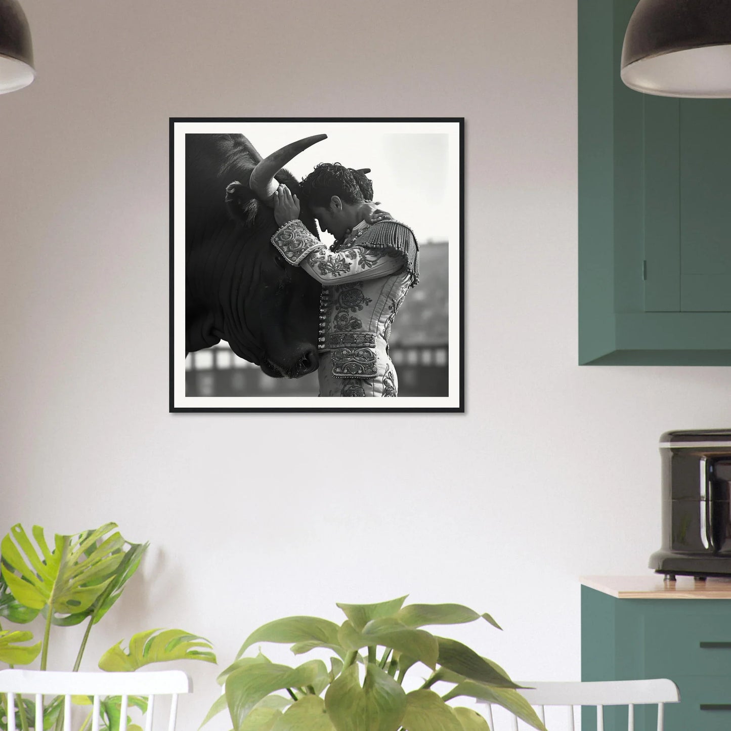 Framed black and white photo of a bull at a fountain for Bull’s Forehead Commune