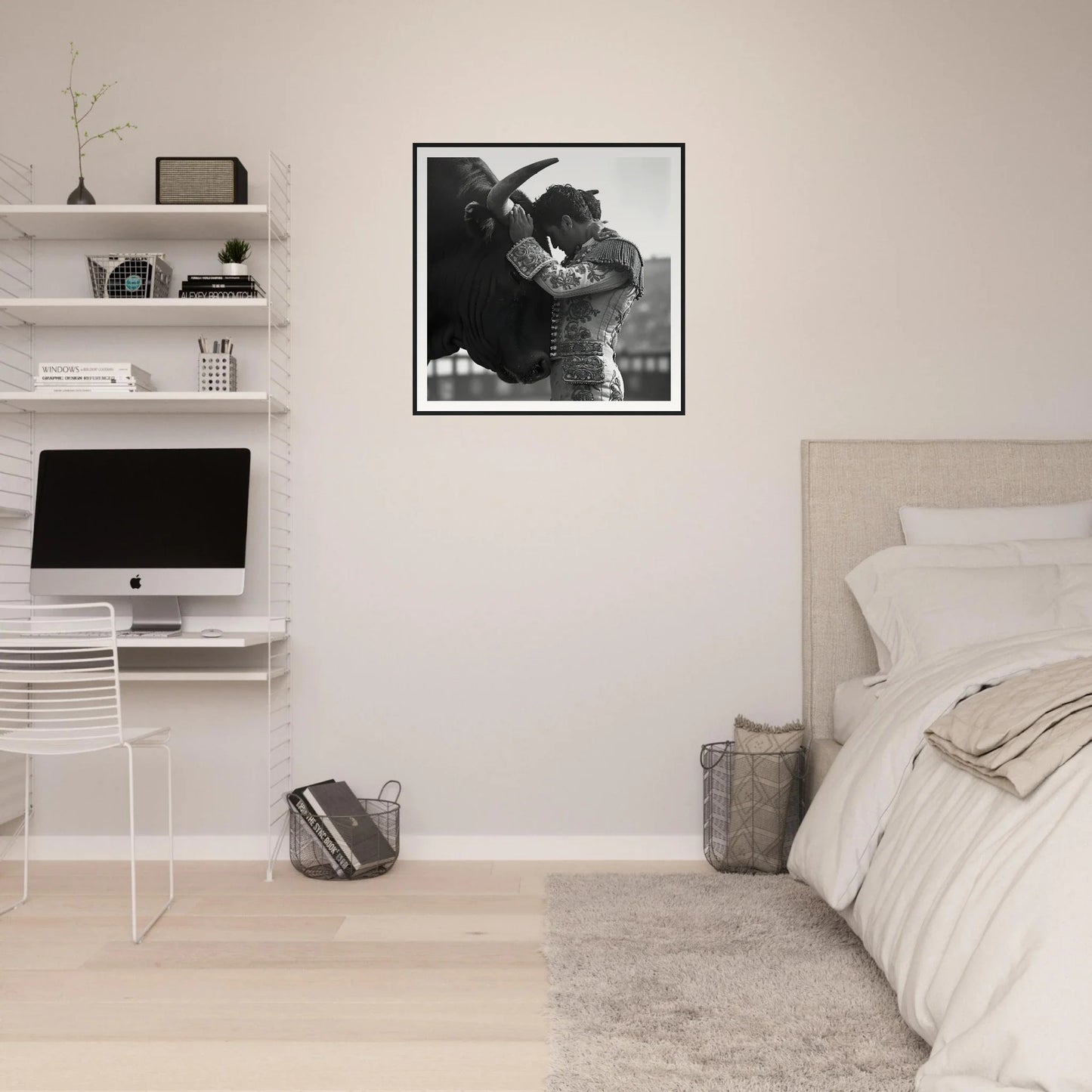 Minimalist bedroom in Bull’s Forehead Commune with floating shelves and framed wall art