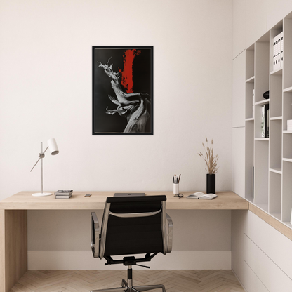 Minimalist home office featuring Burned Redwood Dreaming artwork above a wooden desk