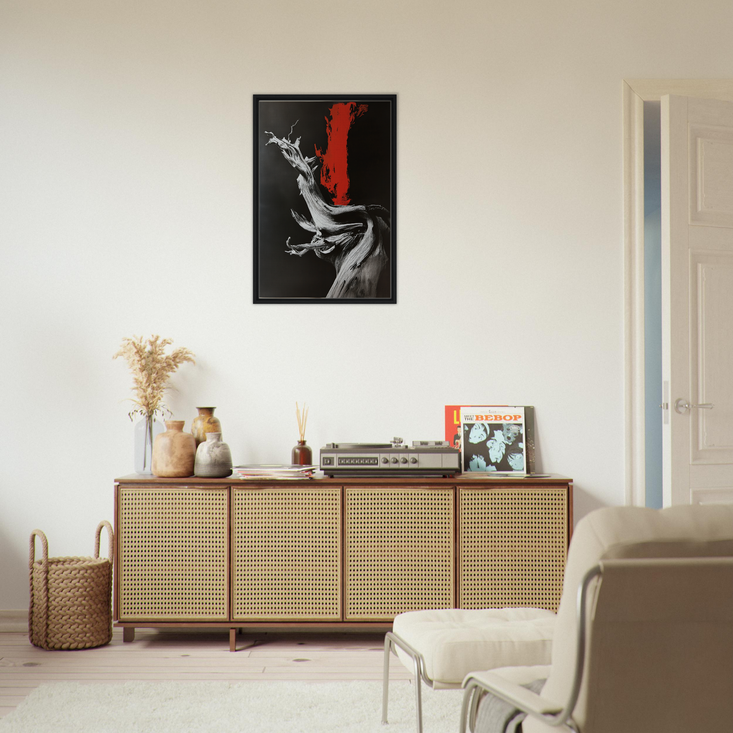 Wooden sideboard with cane-webbed doors and decorative items in burned Redwood Dreaming