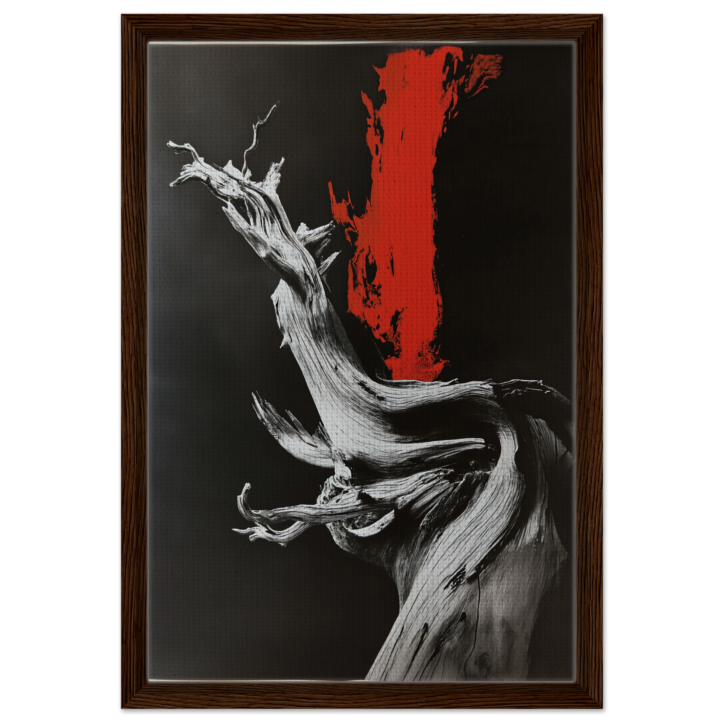 Twisted gnarled tree trunk on a red and black backdrop in Burned Redwood Dreaming