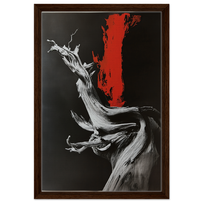 Twisted gnarled tree trunk on a red and black backdrop in Burned Redwood Dreaming