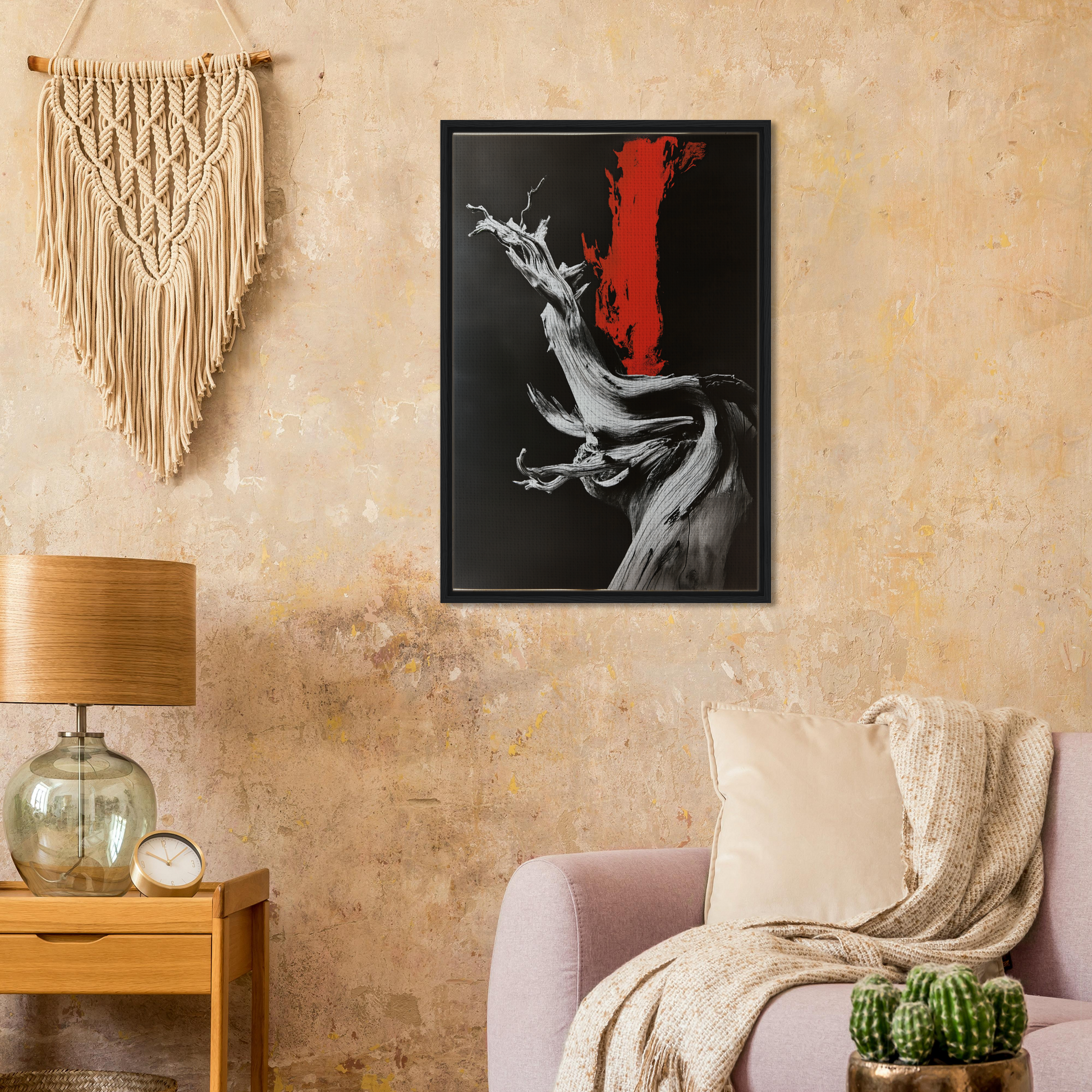 Framed abstract painting of a dynamic figure with red accent, ideal for Burned Redwood Dreaming room decor