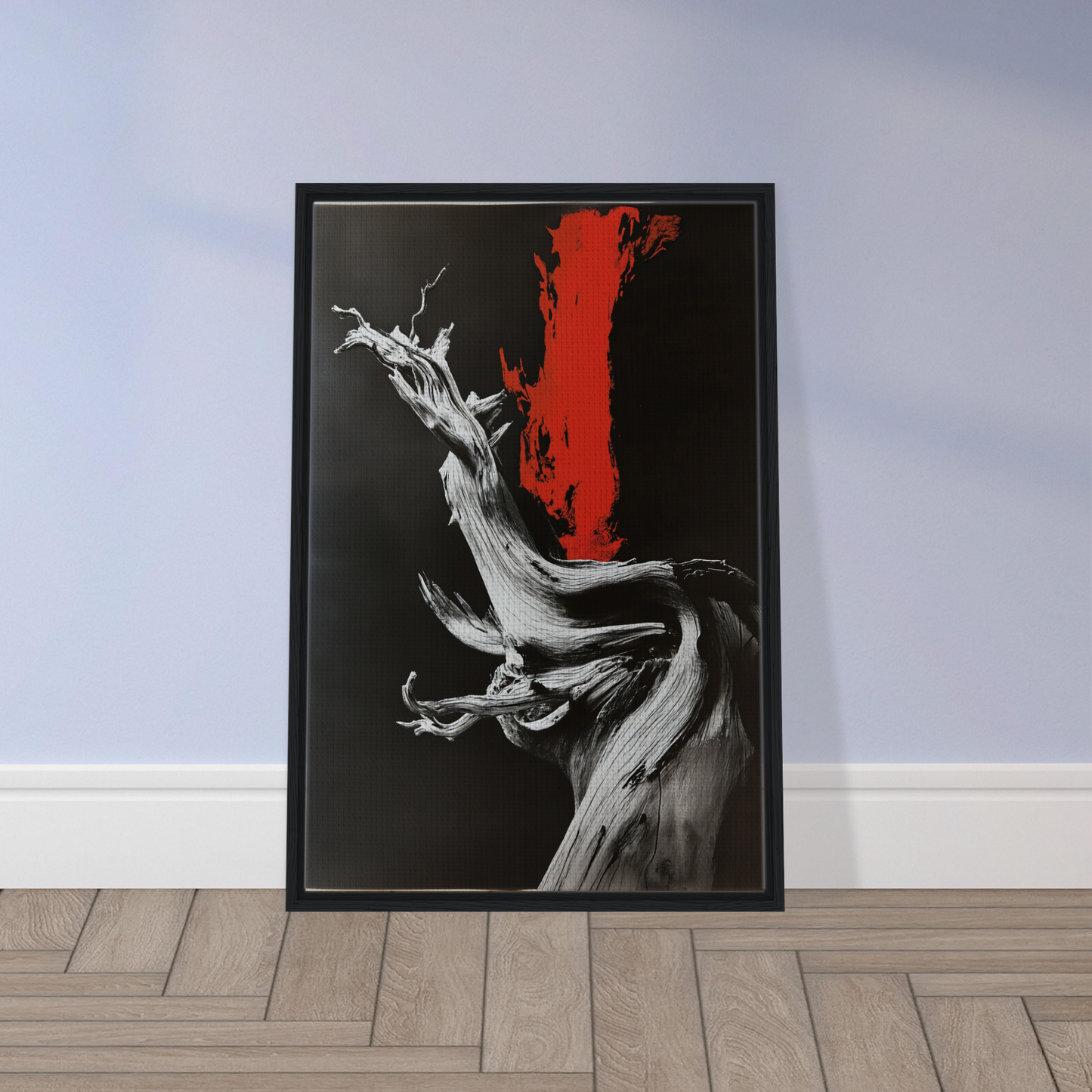 Framed canvas print of Burned Redwood Dreaming with dynamic white form and red element