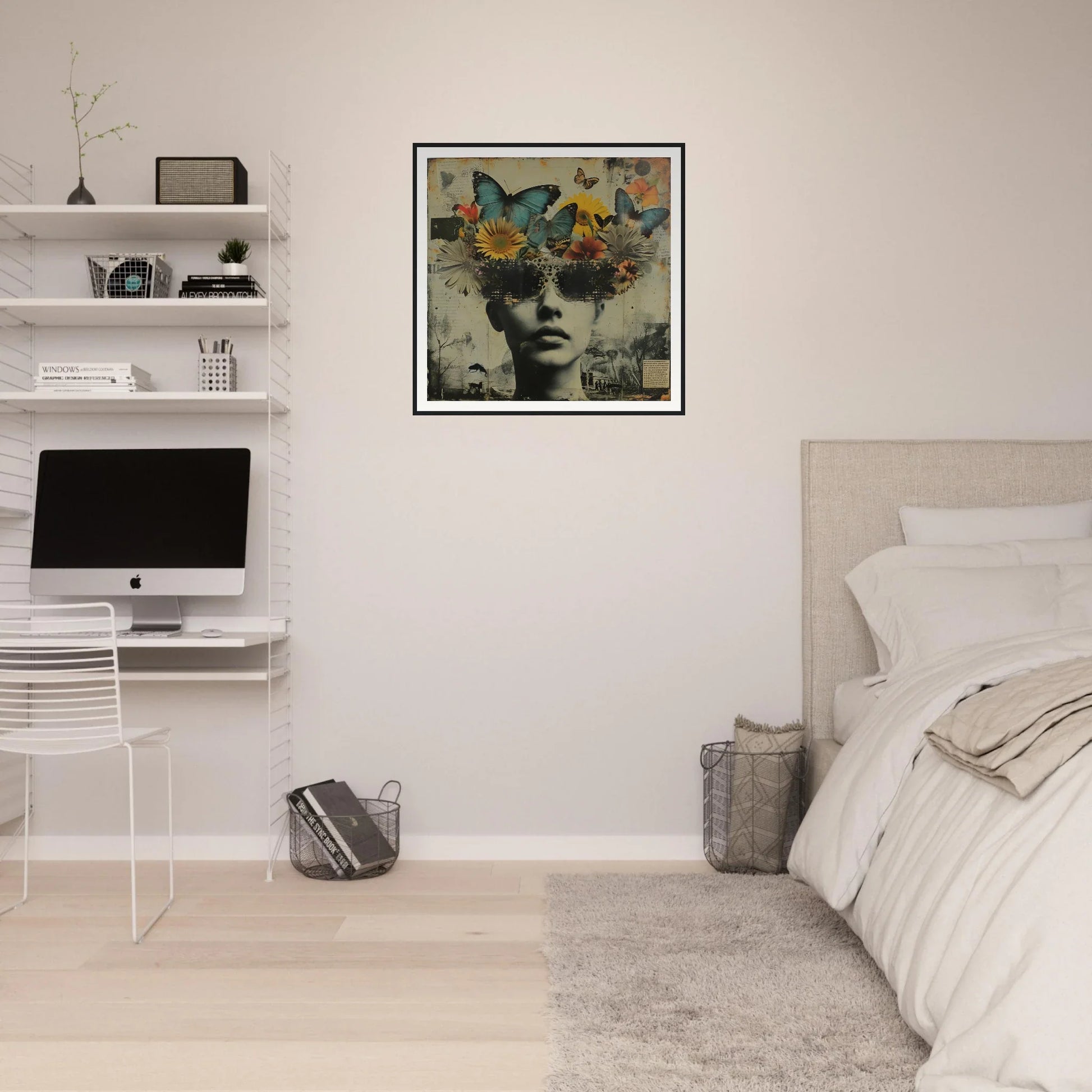 Minimalist bedroom featuring Butterfly Dream Visage with floating shelves and a workstation