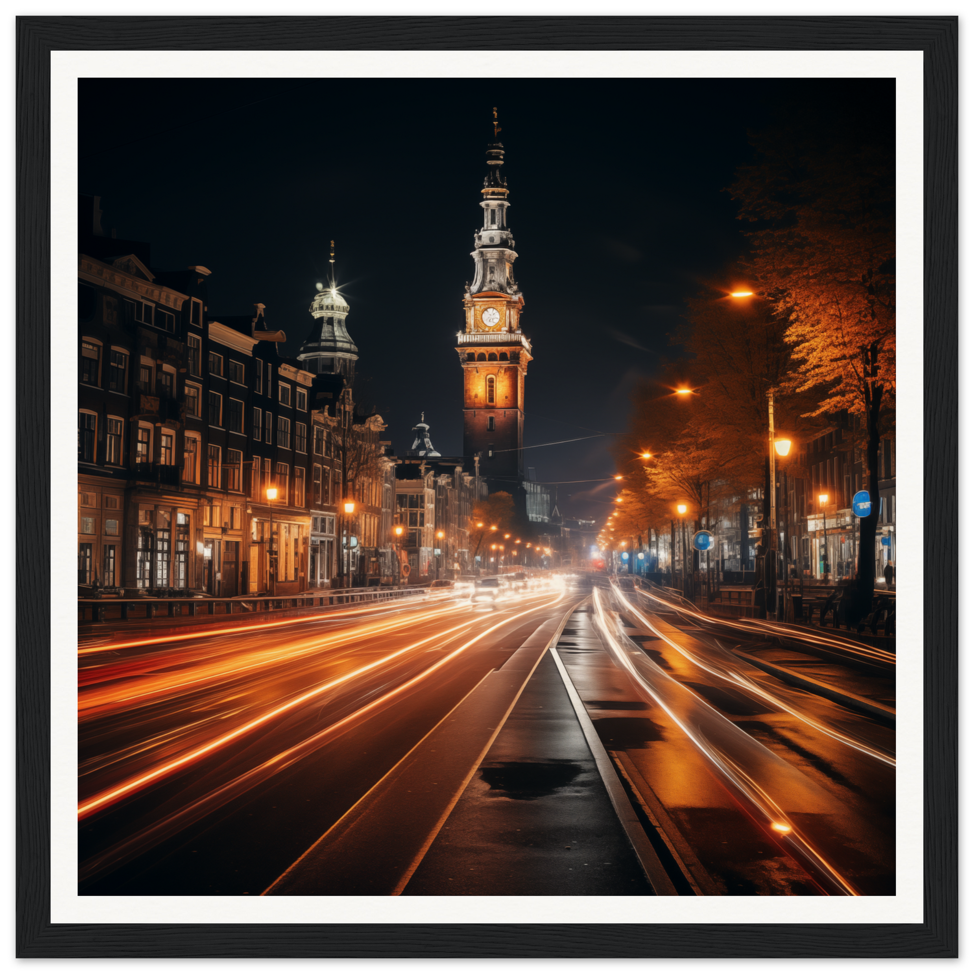 Historic clock tower at night with traffic light trails, part of Clockwork City Glow