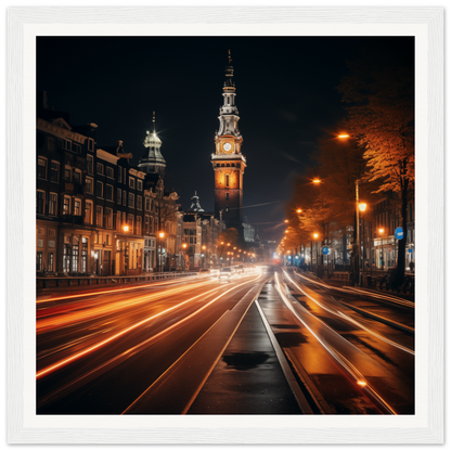 Illuminated Clock Tower above a city street with light trails, Clockwork City Glow art