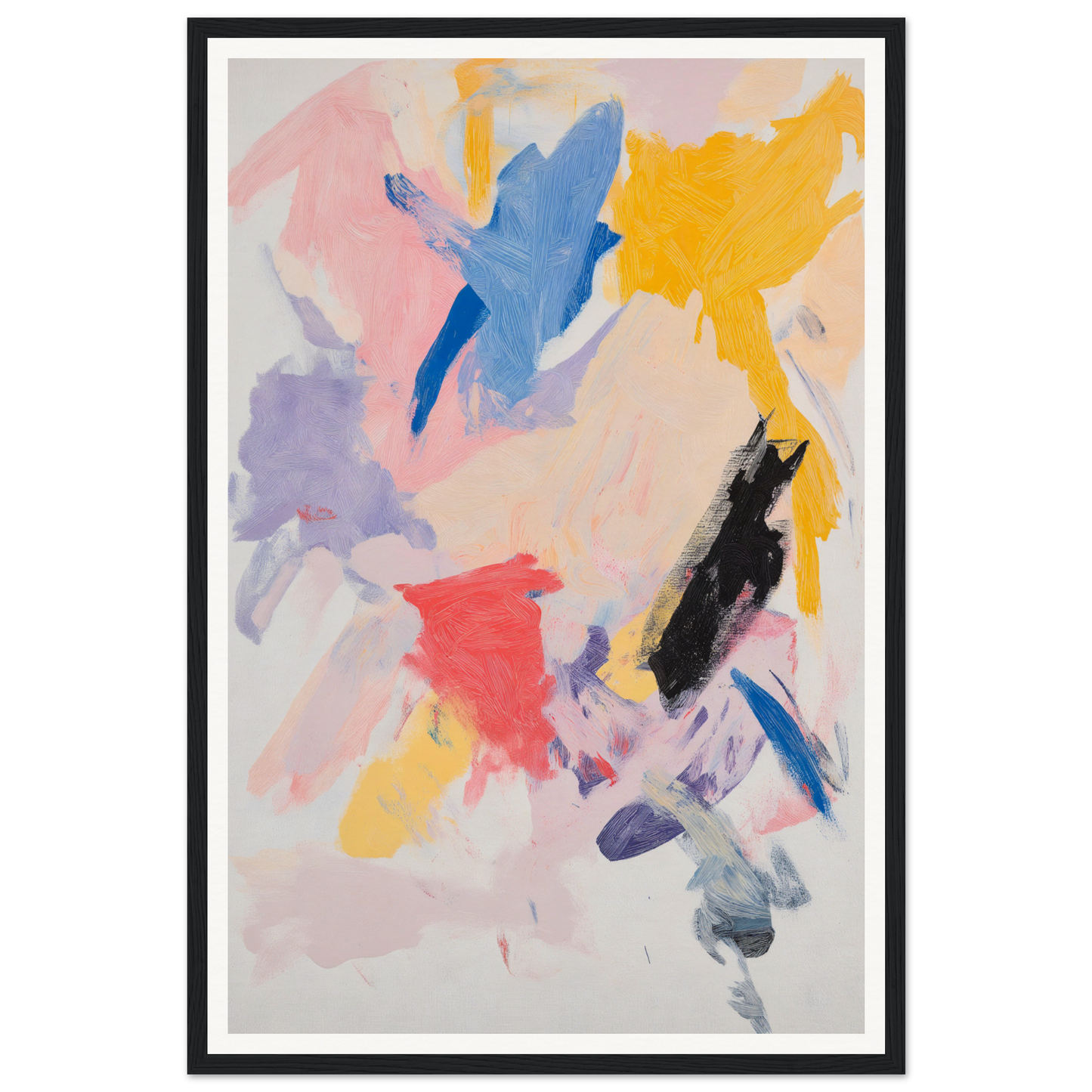 Framed wall art with bold strokes of pink, yellow, blue, purple, red, and black.