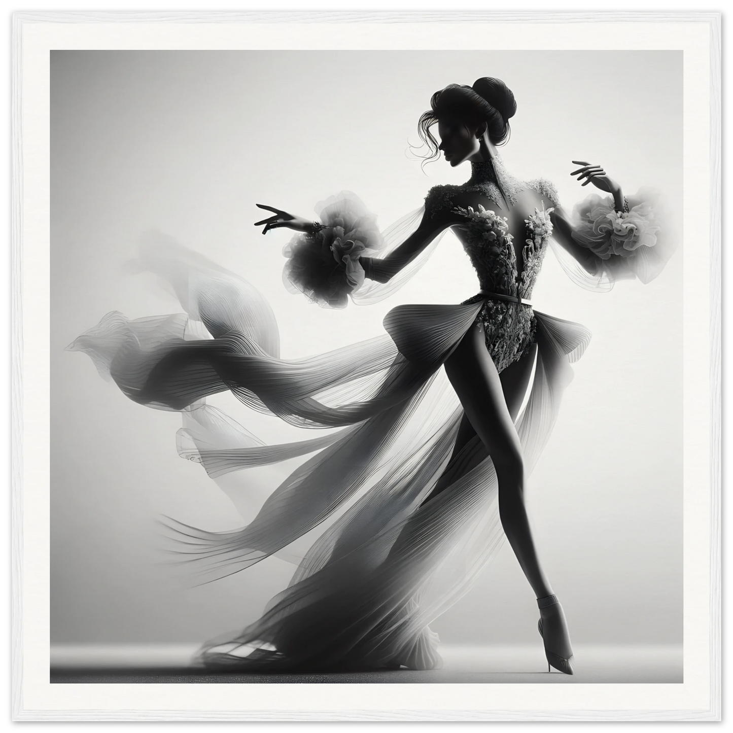 Graceful dancer in flowing dress poses elegantly for Dancing Lightstreams Afloat art