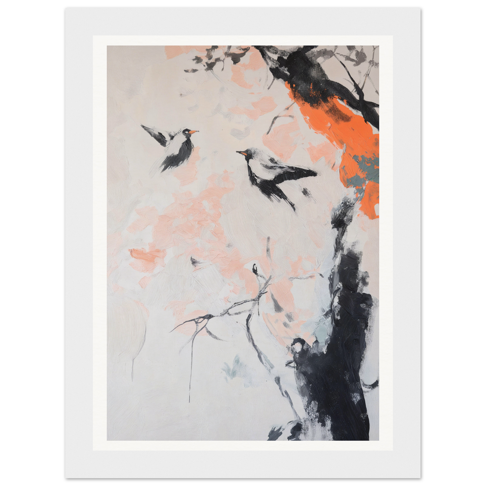 Two birds on a branch, perfectly framed wall art against a pink and orange abstract background.