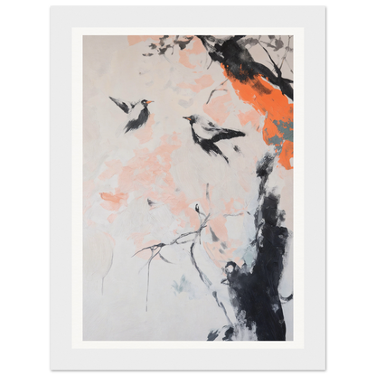 Two birds on a branch, perfectly framed wall art against a pink and orange abstract background.