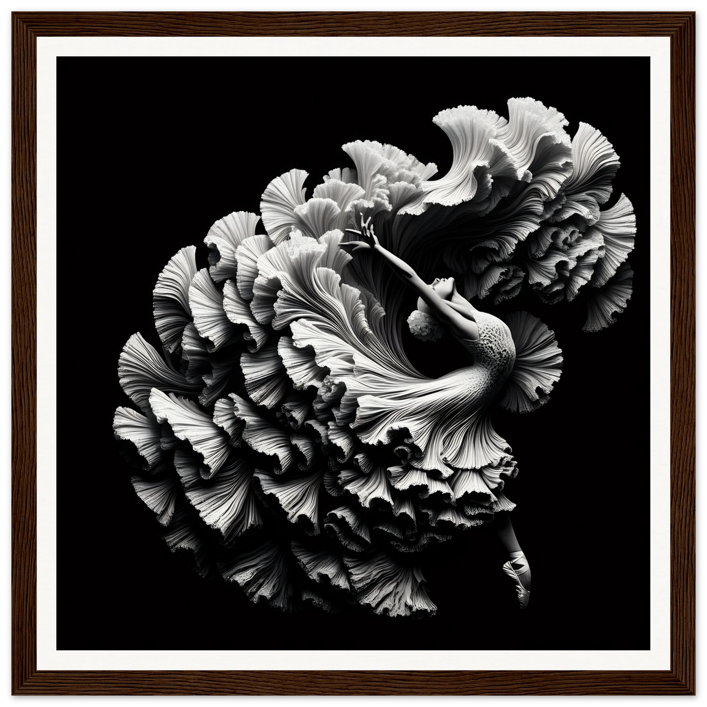 Ruffled carnation flower in black and white art for special edition art framed posters