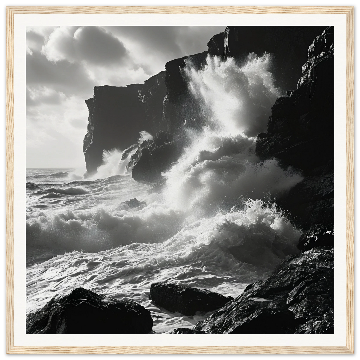 Powerful ocean waves crash on rugged cliffs in Ephemeral Stone Symphony framed posters