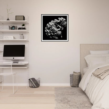 Minimalist bedroom with Alchemy in Motion, iMac, floating shelves, and framed posters