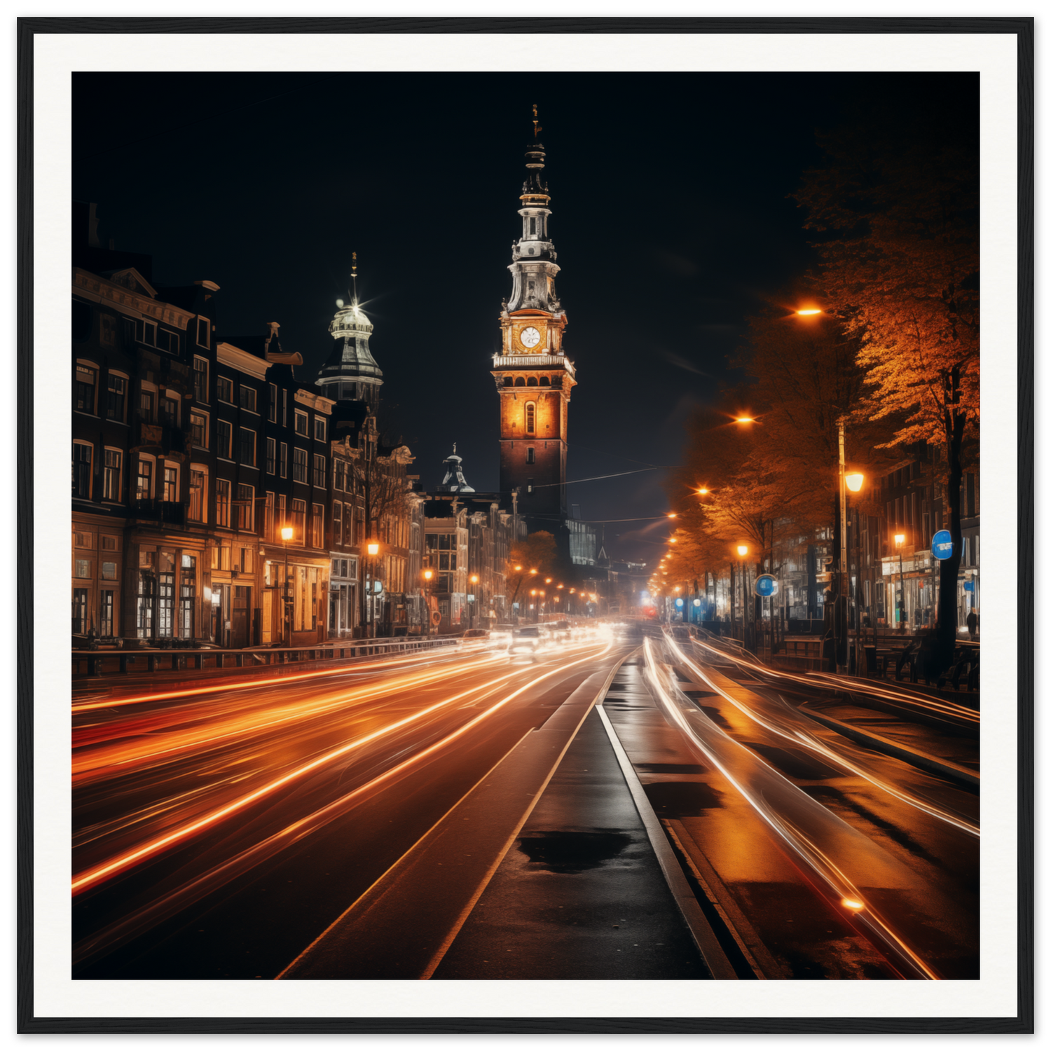 Illuminated church tower and light trails at night in Clockwork City Glow framed poster