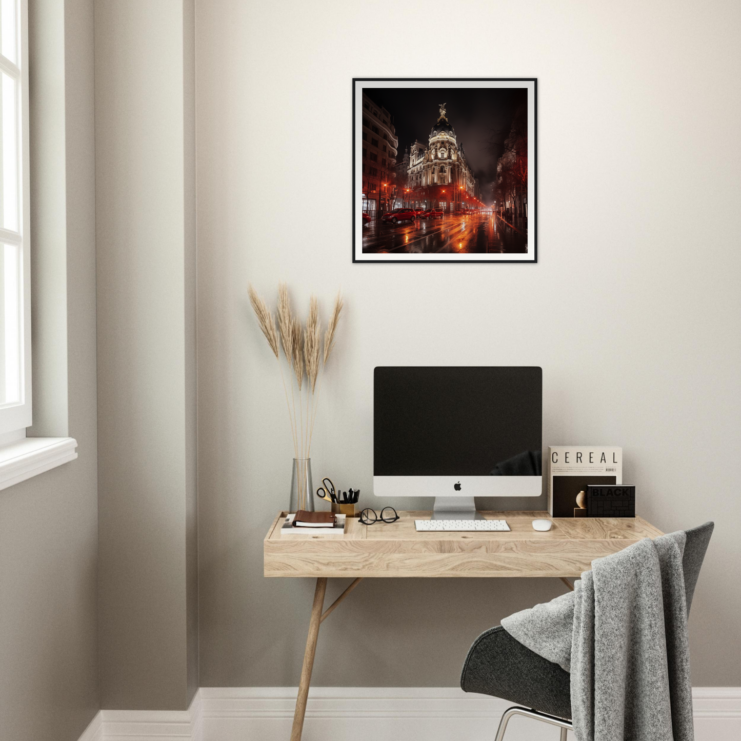 Minimalist wooden desk with iMac and pampas grass in Majestic Night Reverie design