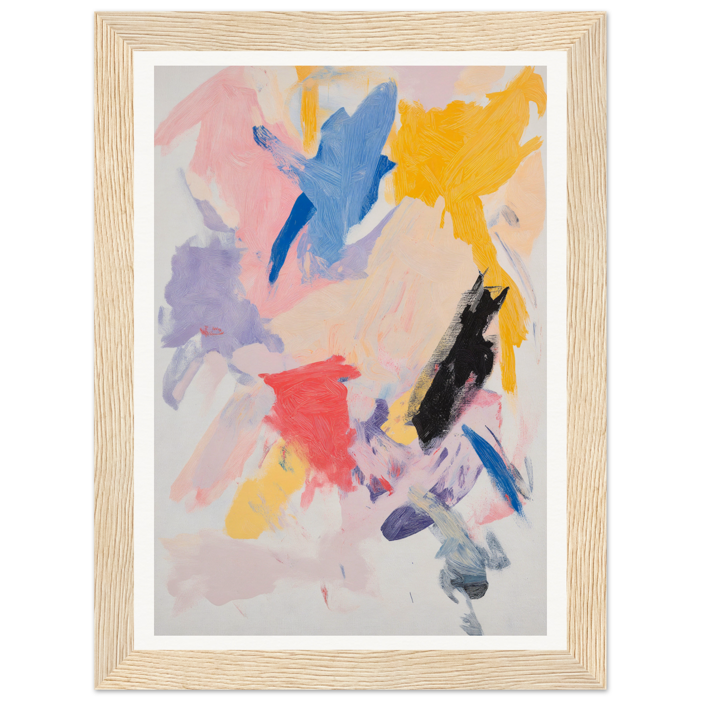 Framed wall art: abstract painting with colorful brushstrokes in a wooden frame.