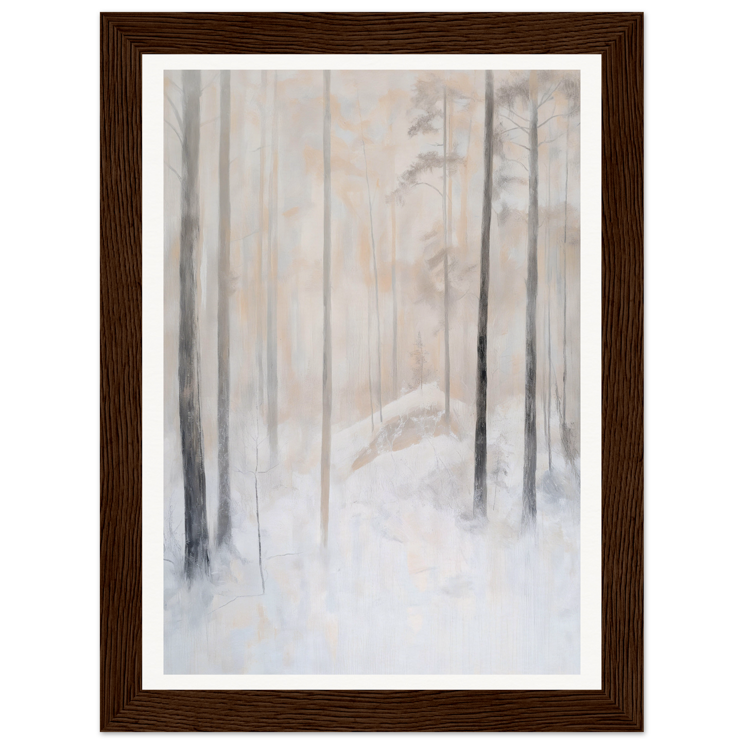 Framed wall art of a foggy, snow-covered forest with tall trees; perfect for room decor.