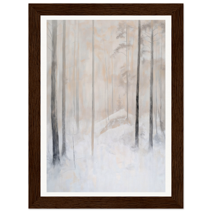 Framed wall art of a foggy, snow-covered forest with tall trees; perfect for room decor.