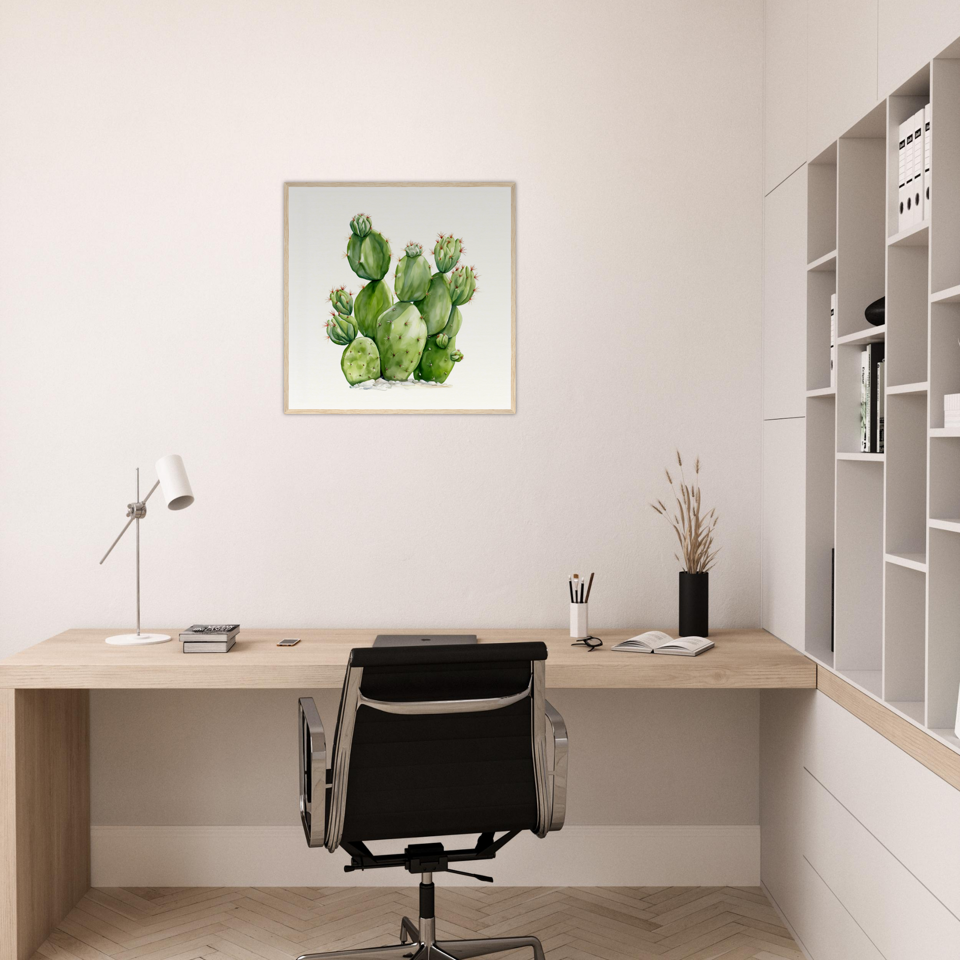 A cactus plant on a white background framed in a white wall