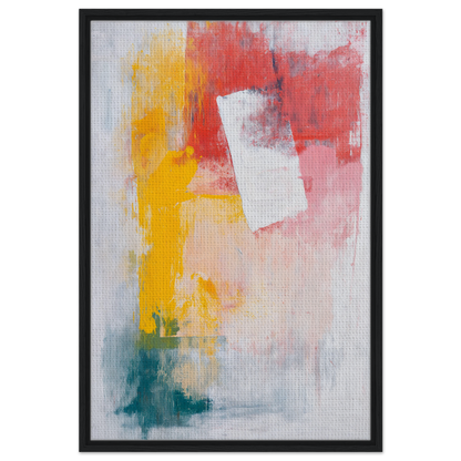 Abstract painting featured in Canvas Chaos Ballet with vibrant yellow, red, and teal brushstrokes