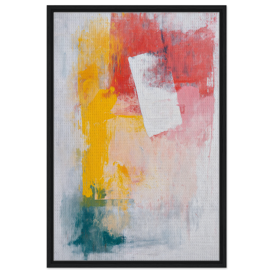 Abstract painting featured in Canvas Chaos Ballet with vibrant yellow, red, and teal brushstrokes