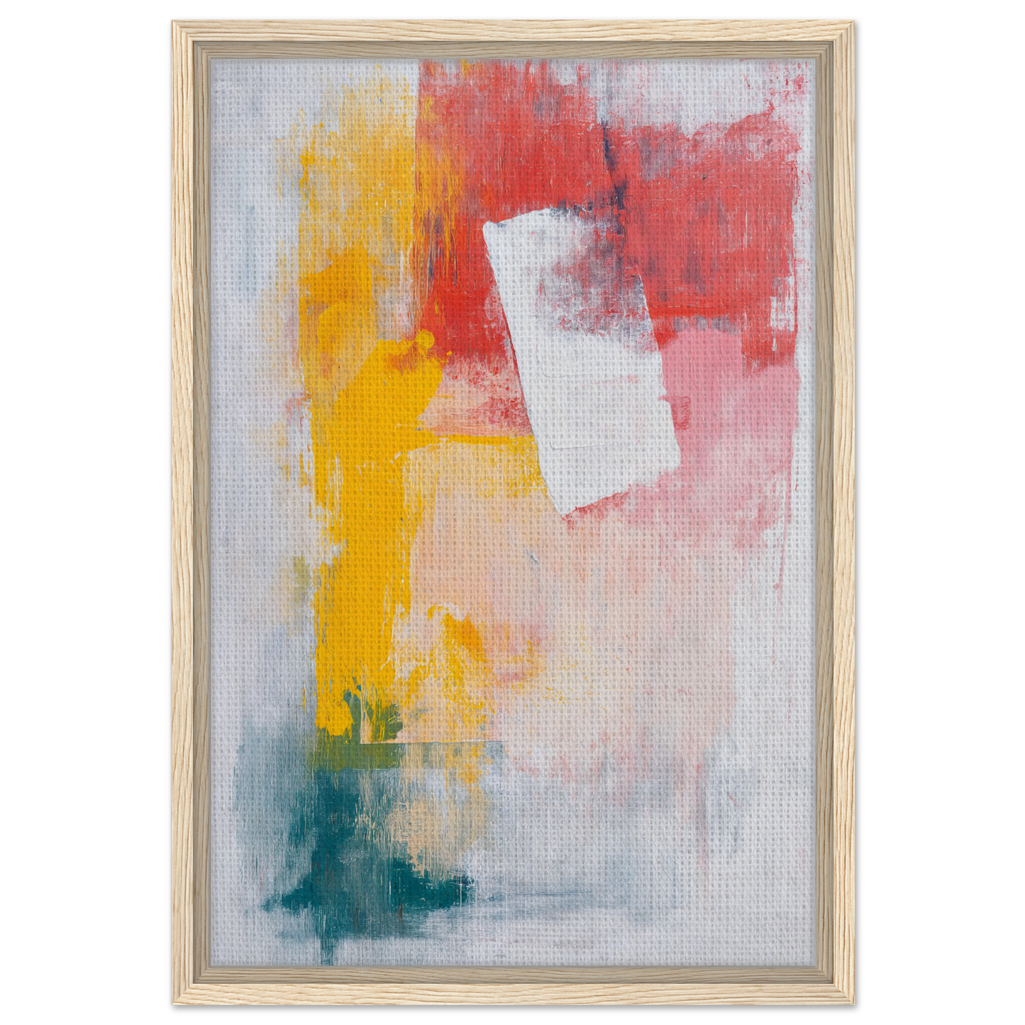 Abstract painting in vibrant yellow, red, and teal for Canvas Chaos Ballet framed print