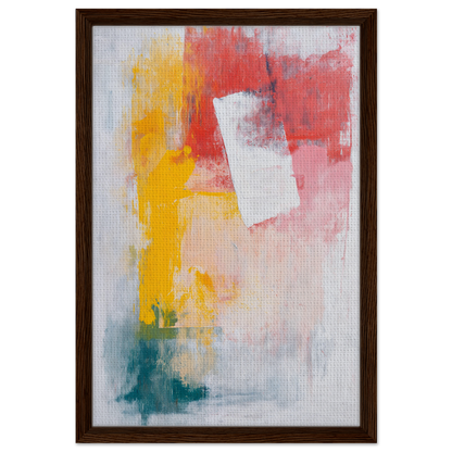 Abstract painting titled Canvas Chaos Ballet with vibrant colors in a dark wood frame