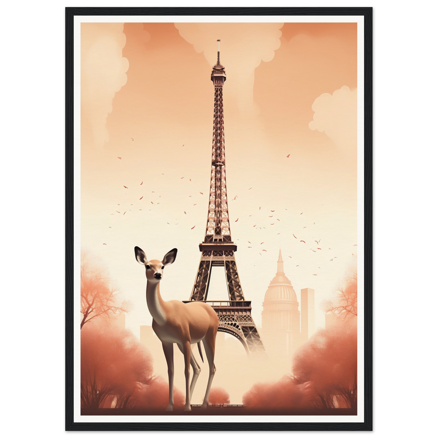 Deer standing in front of the Eiffel Tower.